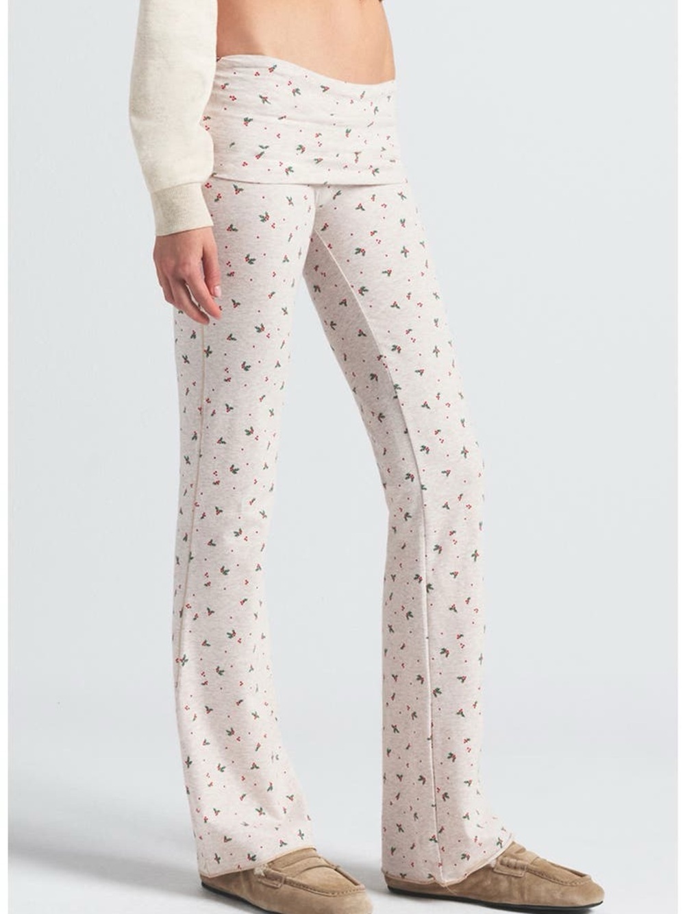 SKIMS COTTON JERSEY FOLDOVER PANTS OATMEAL HOLLY PRINT M